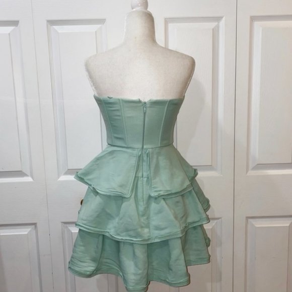 BCBG | Jacklyn Tiered Ruffle Strapless Green Opaline Dress NWT - Picture 4 of 16